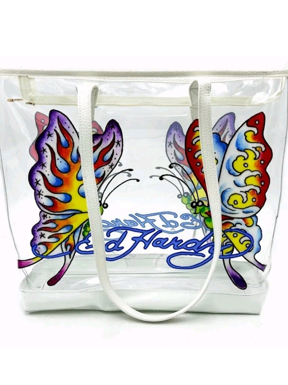Ed Hardy Purple Butterfly Clear Two Handle Large Tote PVC NWT Beach MSRP $159